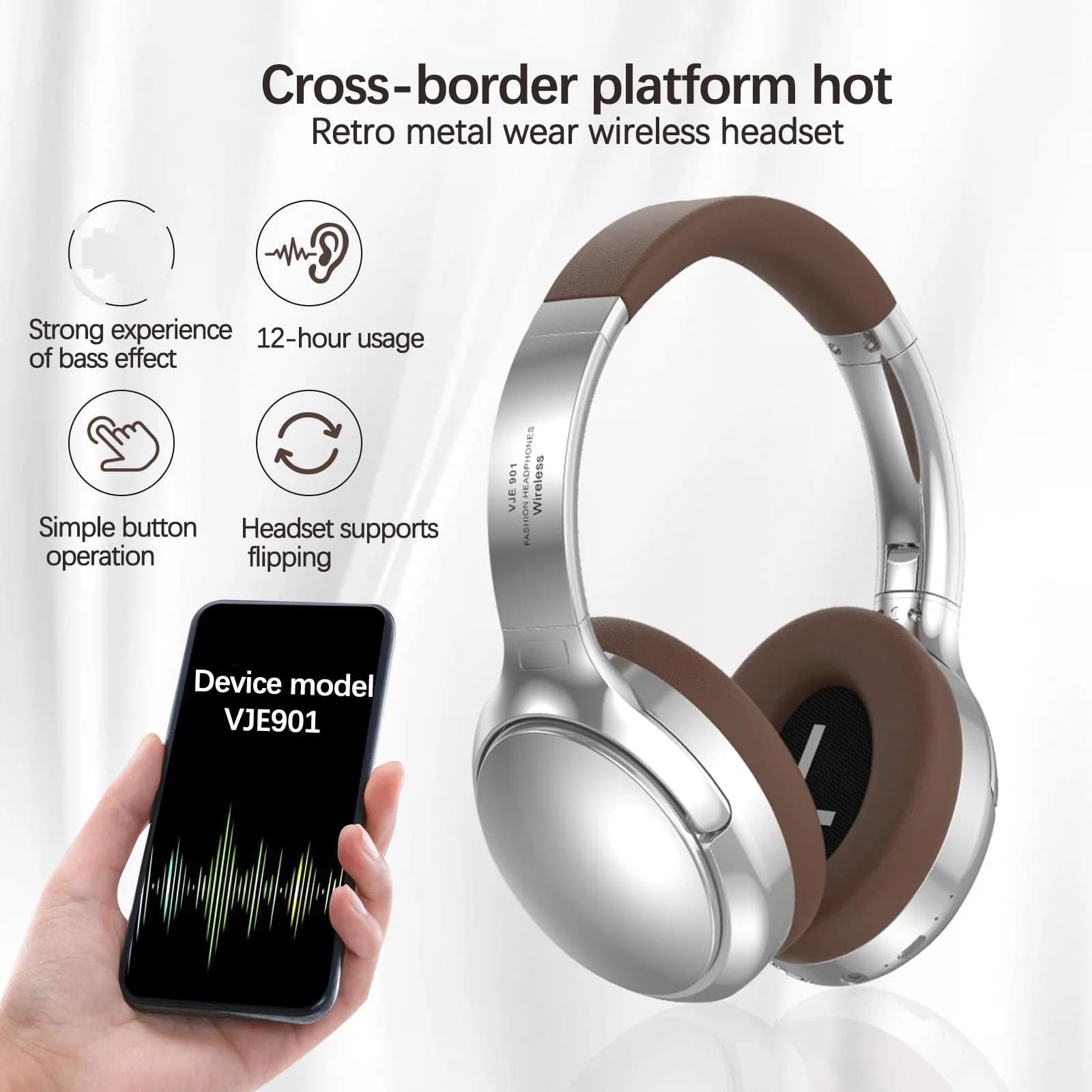 Ретро бездротові Bluetooth-навушники накладні стерео з мікрофоном