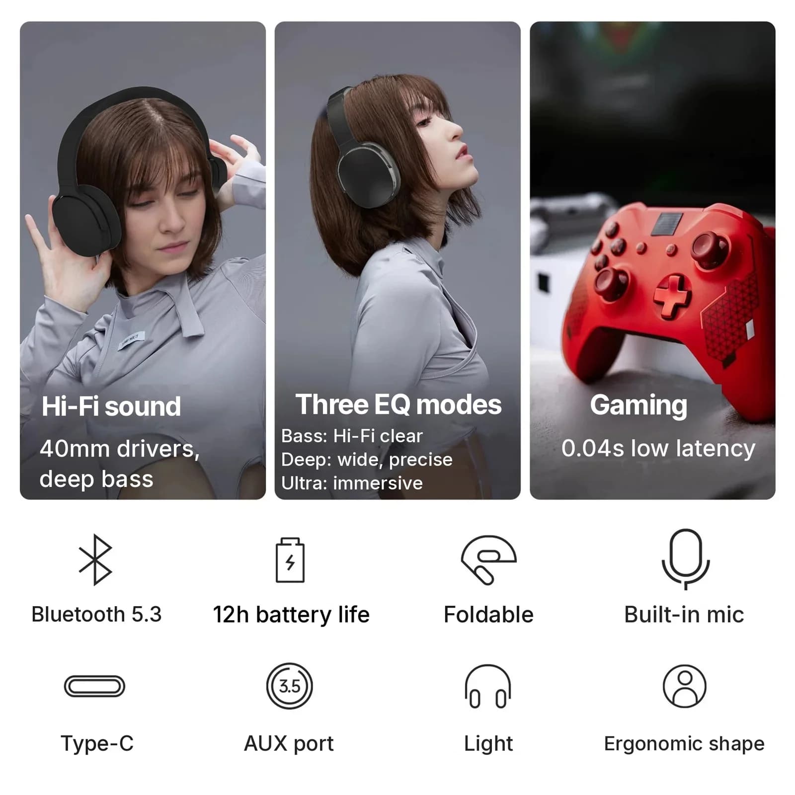 Бездротові накладні Bluetooth-навушники з трьома режимами еквалайзера та мікрофоном