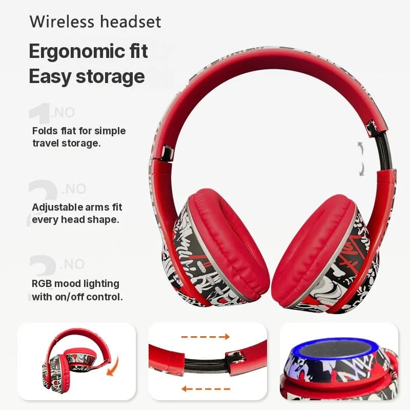 Накладні Bluetooth-навушники з графіті-дизайном, LED-підсвіткою та глибоким басом